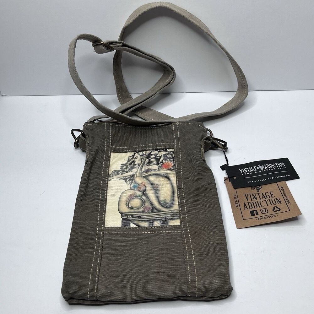 Vintage Addiction Recycled Upcycled Canvas Crossbody Bag Purse Flower Girl